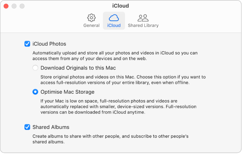 The iCloud pane of Photos settings.