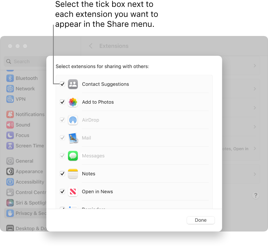 A list of extensions in Extensions settings, with a tick box next to each extension for adding it to the Share menu.