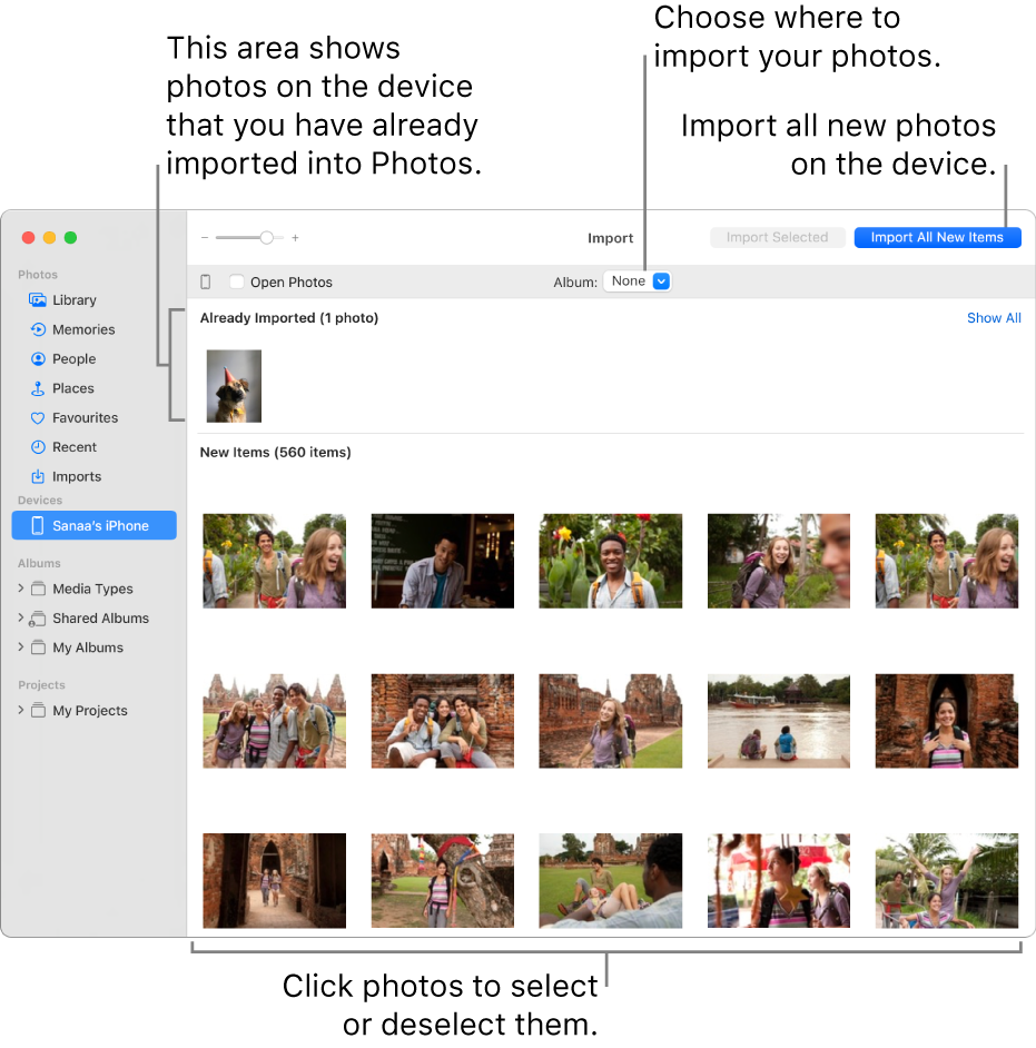 Photos on the device that you’ve already imported are shown at the top of the Import window; new photos are at the bottom. At the top centre is the Album pop-up menu. The Import All New Items button is at the top right.