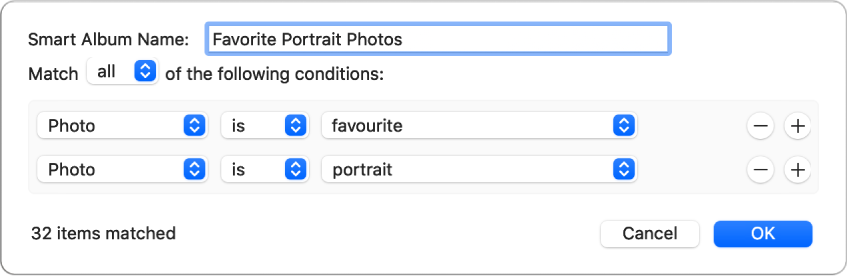 A dialogue showing criteria for a Smart Album that collects portrait photos that have been marked as favourites.
