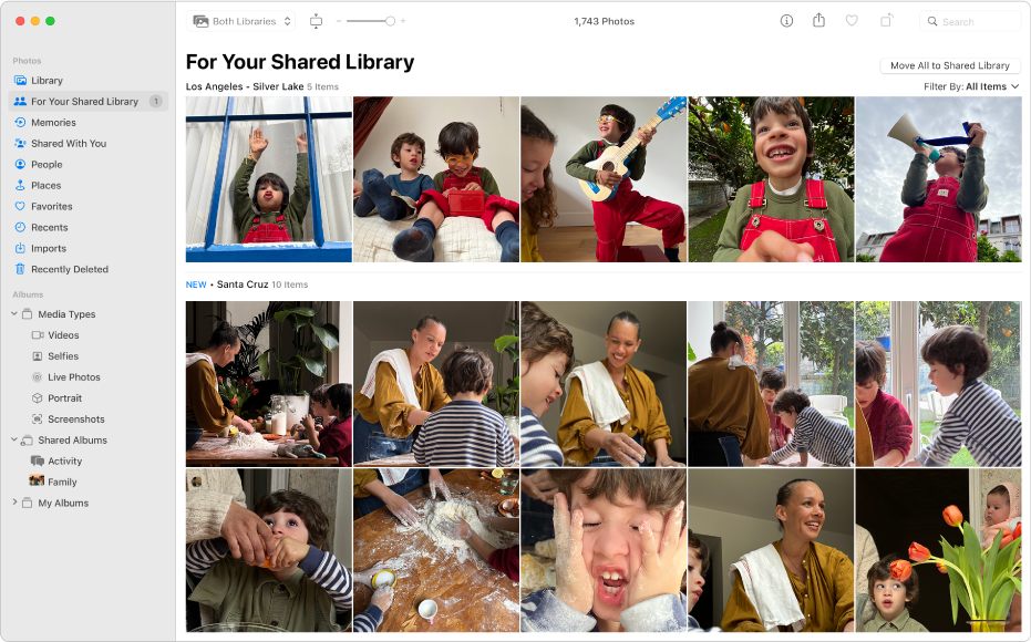 The Photos window showing suggested photos to add to a Shared Library.