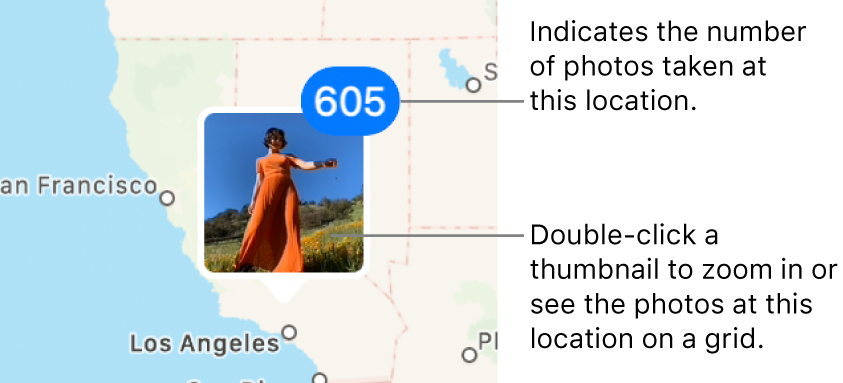 A photo thumbnail on a map, with a number in the top-right corner indicating the number of photos taken at that location.