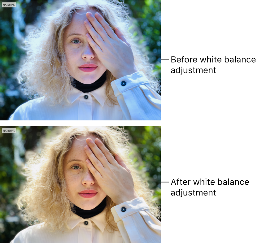 A photo before and after a white balance adjustment.