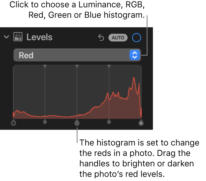 The Levels controls in the Adjust pane showing the Red histogram with handles below for adjusting the photo’s red levels.