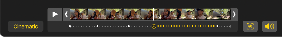 A frame viewer showing the frames of the Cinematic mode video, with a Cinematic button on the left and an Audio button on the right.