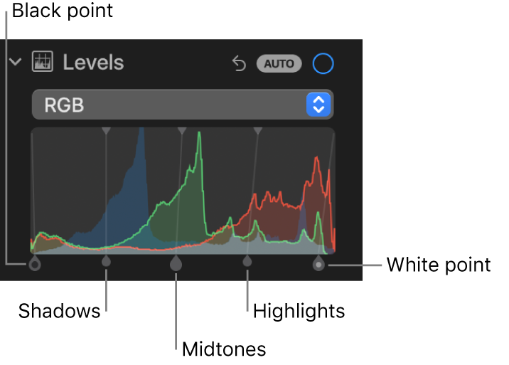 The Levels controls in the Adjust pane, showing the RGB histogram with handles below, including (from left to right) black point, shadows, midtones, highlights and white point.