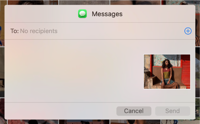 A dialogue for adding recipients when sharing photos from the Photos app using Messages.