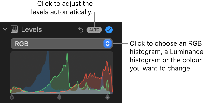 The Levels controls in the Adjust pane with the Auto button at the top right and the RGB histogram below.