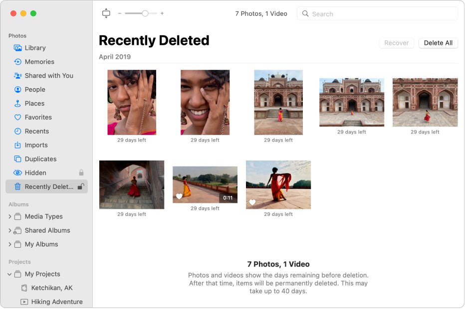 The Photos window showing Recently Deleted selected in the sidebar and recently deleted items on the right.