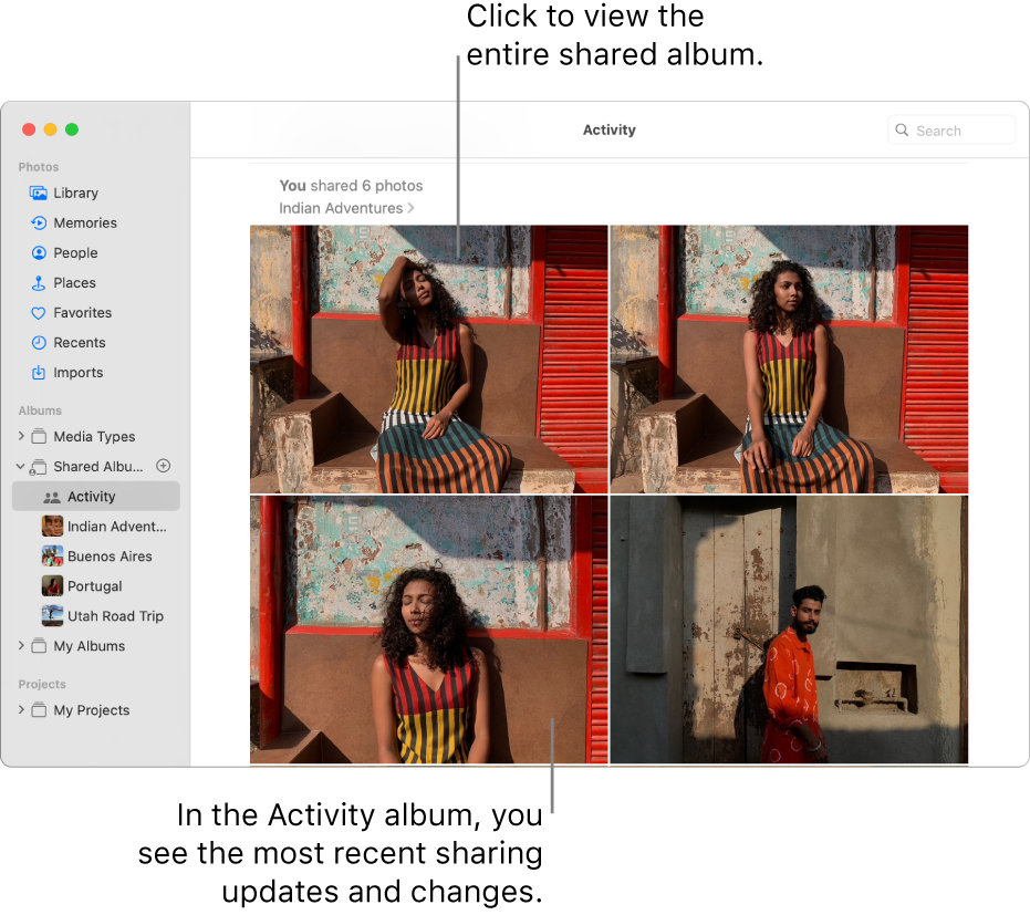 The Photos window with Activity selected in the sidebar and the Activity album displayed on the right.
