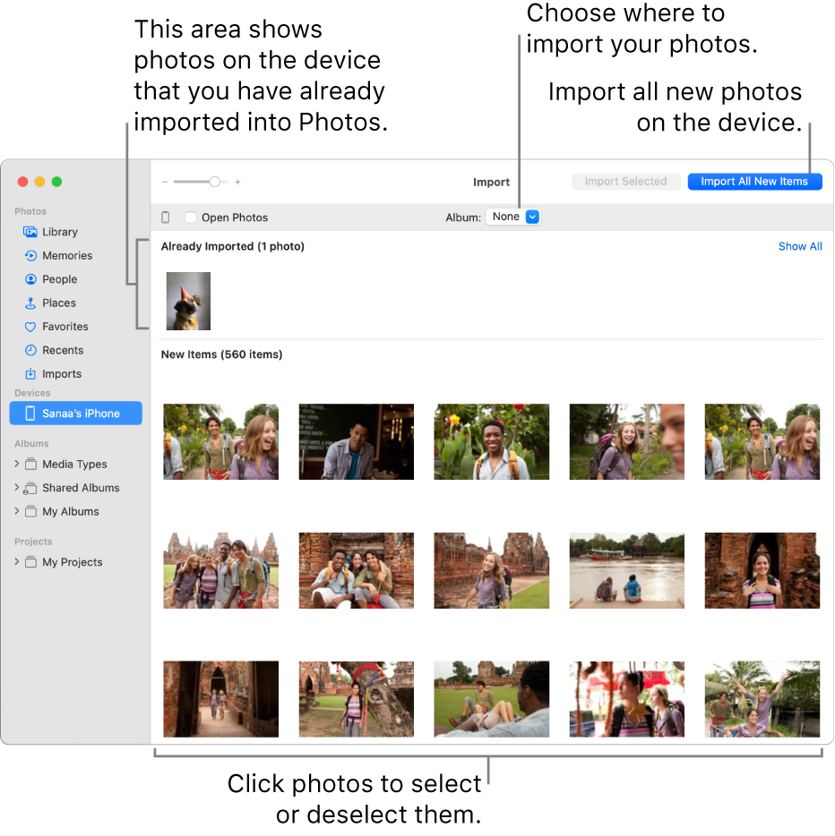 Photos on the device that you’ve already imported are shown at the top of the Import window; new photos are at the bottom. At the top center is the Album pop-up menu. The Import All New Items button is at the top right.