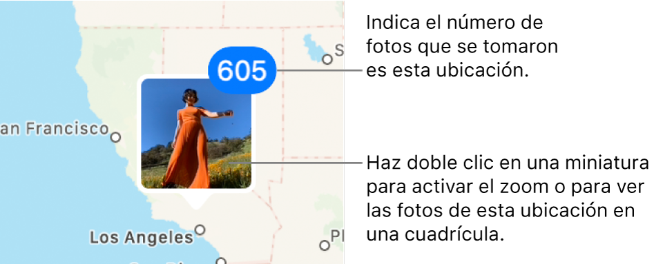 La miniatura de una foto en un mapa con un número en la esquina superior derecha que muestra el número de fotos tomadas en esa ubicación.