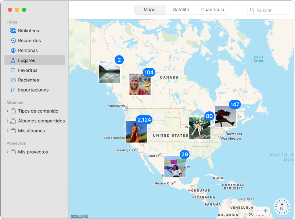 La ventana de Fotos mostrando un mapa con miniaturas de fotos agrupadas por ubicación.