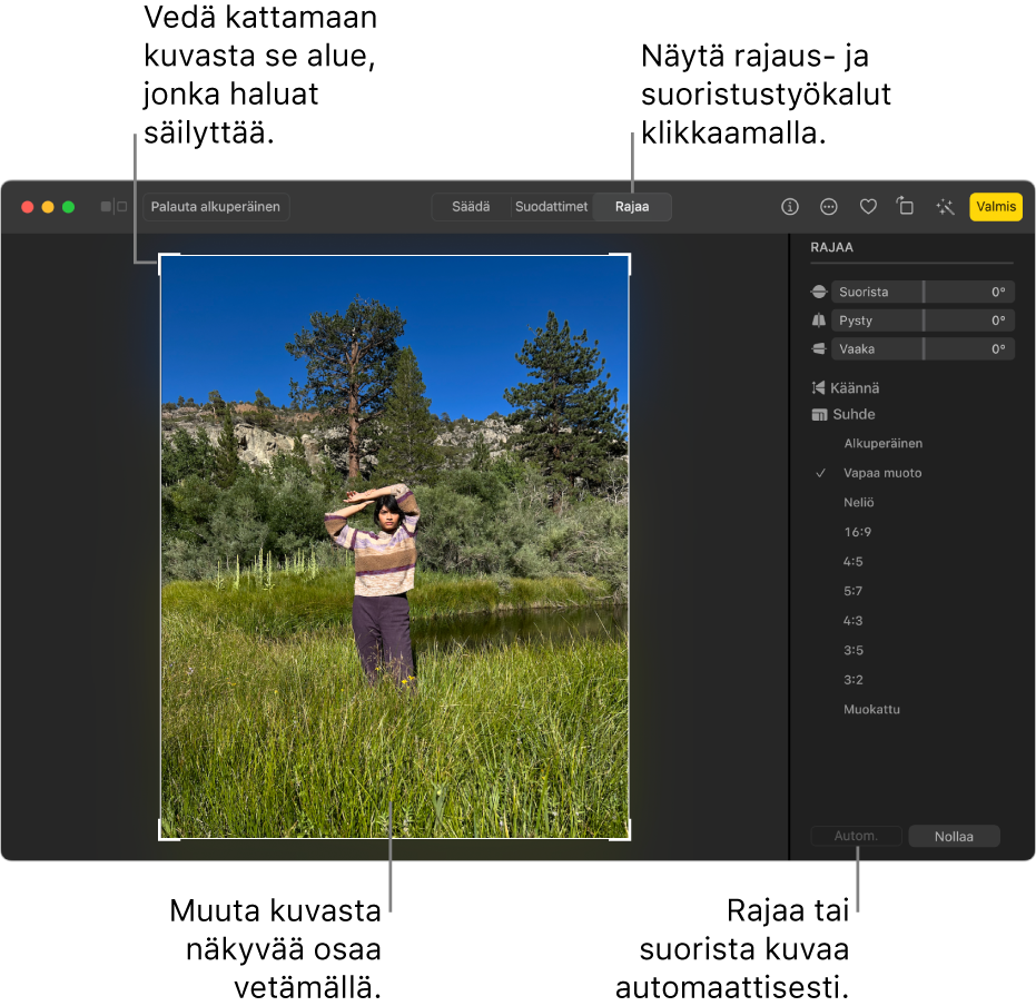 Kuva muokkausnäkymässä. Työkalupalkissa on valittuna Rajaa, valintanelikulmio on kuvan ympärillä ja oikealla puolella näkyvät suoristussäätimet, kuvasuhdevalinnat sekä Automaattinen- ja Nollaa-painikkeet.