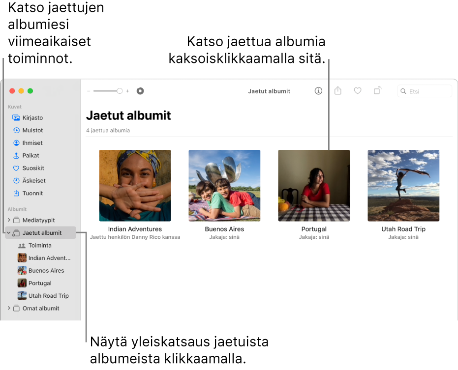 Kuvat-ikkuna, jossa on Jaetut albumit valittuna sivupalkissa ja jaetut albumit näkyvät oikealla.