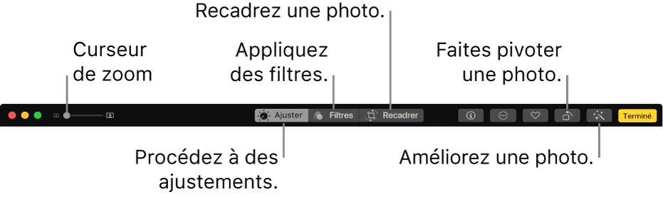 La barre d’outils d’édition affichant un curseur de zoom ainsi que les boutons permettant de réaliser les ajustements, d’ajouter des filtres, de recadrer les photos, de les faire pivoter et de les améliorer.