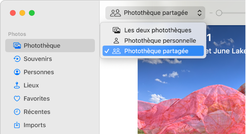 Le menu local Photothèque dans la barre d’outils défini sur « Photothèque partagée ».