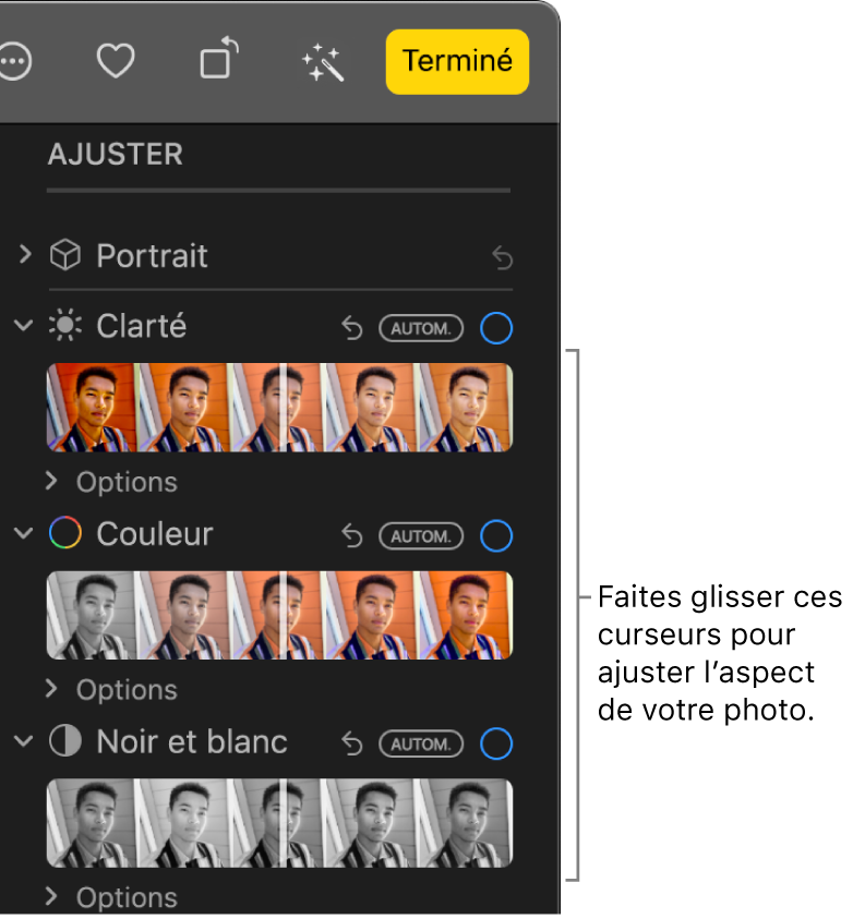 Les curseurs Clarté, Couleur et Noir et blanc dans la sous-fenêtre Ajuster. Un bouton Autom. s’affiche au-dessus de chaque curseur.