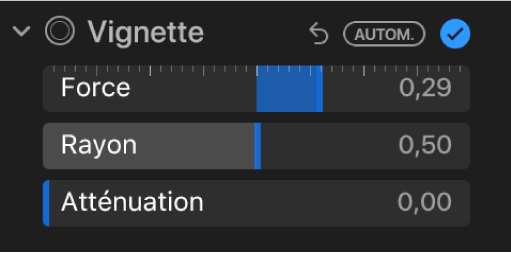 Les commandes Vignette dans la sous-fenêtre Ajuster, avec les curseurs Force, Rayon et Atténuation.