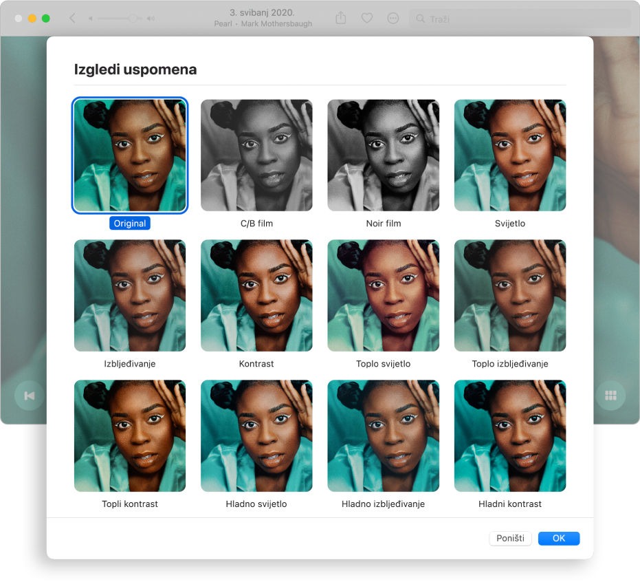 Prozor aplikacije Foto s prikazom izgleda koje možete primijeniti na stavke u uspomeni.