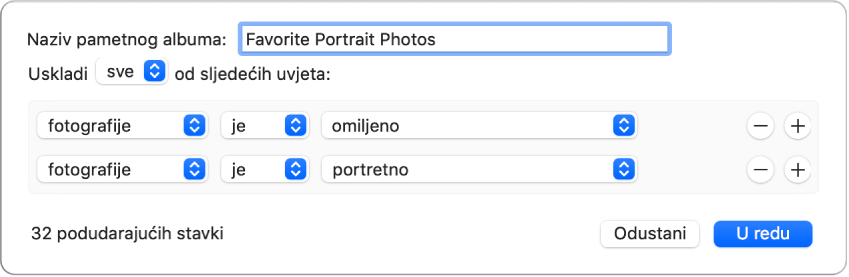 Dijaloški okvir s prikazom kriterija za Pametni album koji prikuplja portretne fotografije koje su označene kao omiljene.