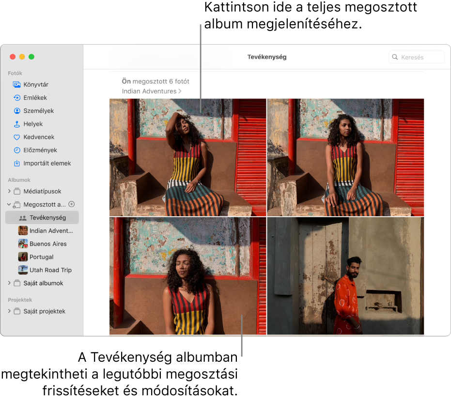 A Fotók ablaka az oldalsávon a kiválasztott Tevékenység elemmel; a jobb oldalon a Tevékenység album látható.