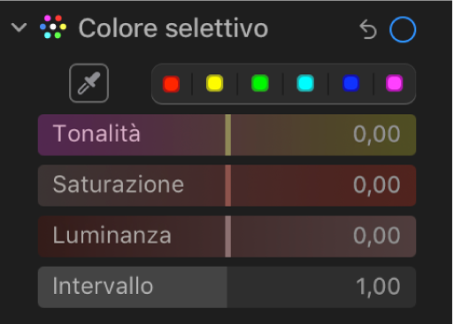 I controlli di “Colore selettivo” nel pannello Regola, con i cursori Tonalità, Saturazione, Luminanza e Intervallo.