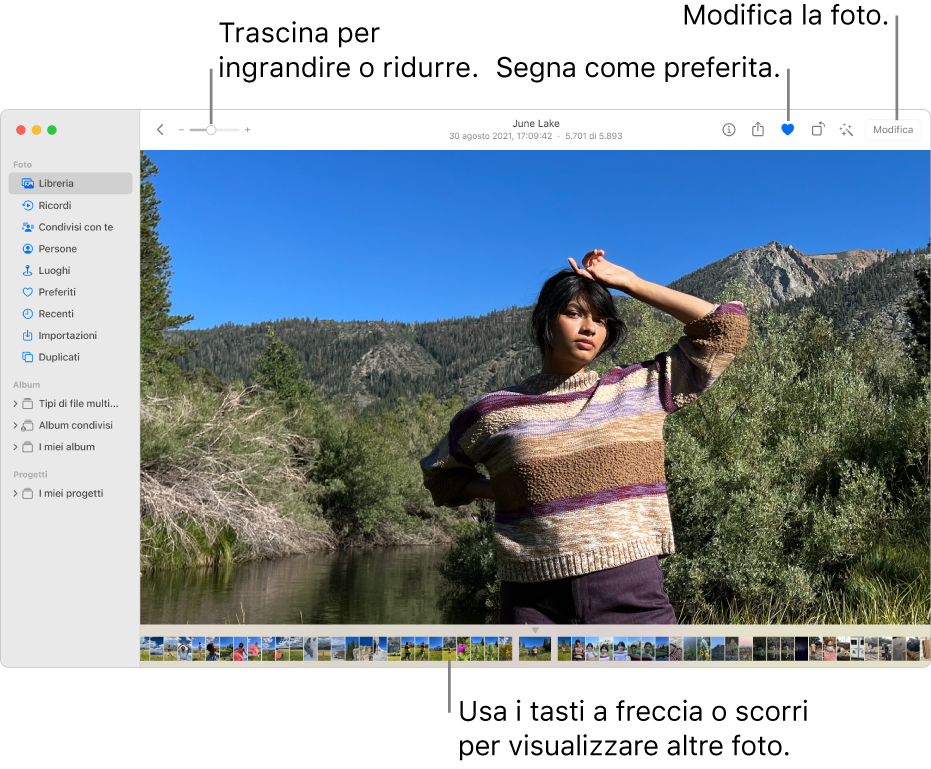 La finestra di Foto con una foto ingrandita sulla destra e una riga di miniature sotto. La barra strumenti nella parte superiore include il cursore Zoom, il pulsante Preferito e il pulsante Modifica.