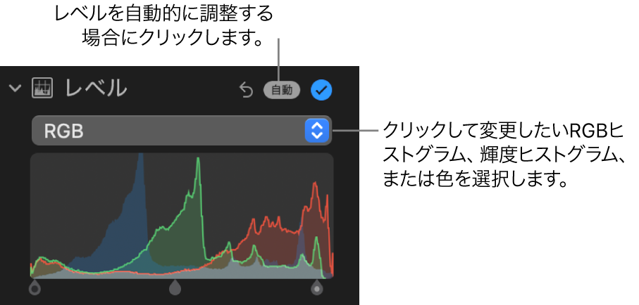 「調整」パネルの「レベル」コントロール。右上に「自動」ボタン、下に「RGB」ヒストグラムが表示されています。