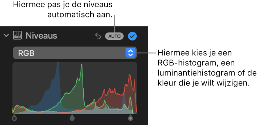 De niveauregelaars in het paneel 'Pas aan', met rechtsbovenin de knop 'Auto' en daaronder het RGB-histogram.