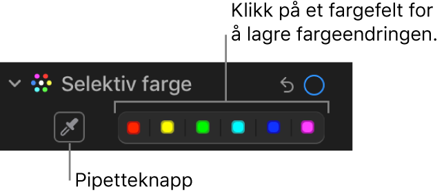 Selektiv farge-kontroller i Juster-panelet, som viser Pipette-knappen og fargefelt.
