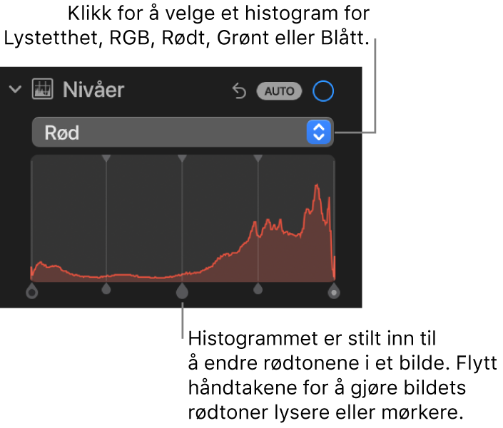 Nivåkontroller i Juster-panelet, som viser det røde histogrammet med håndtakene under for å justere røde nivåer i bildet.