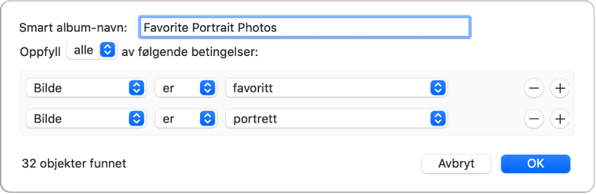 En dialogrute som viser kriterier for et Smart album som samler portrettbilder som har blitt markert som favoritter.