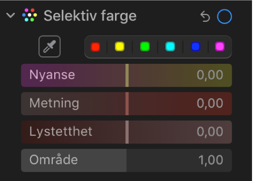Selektiv farge-kontroller i Juster-panelet, som viser skyveknappene for Nyanse, Metning, Lystetthet og Område.