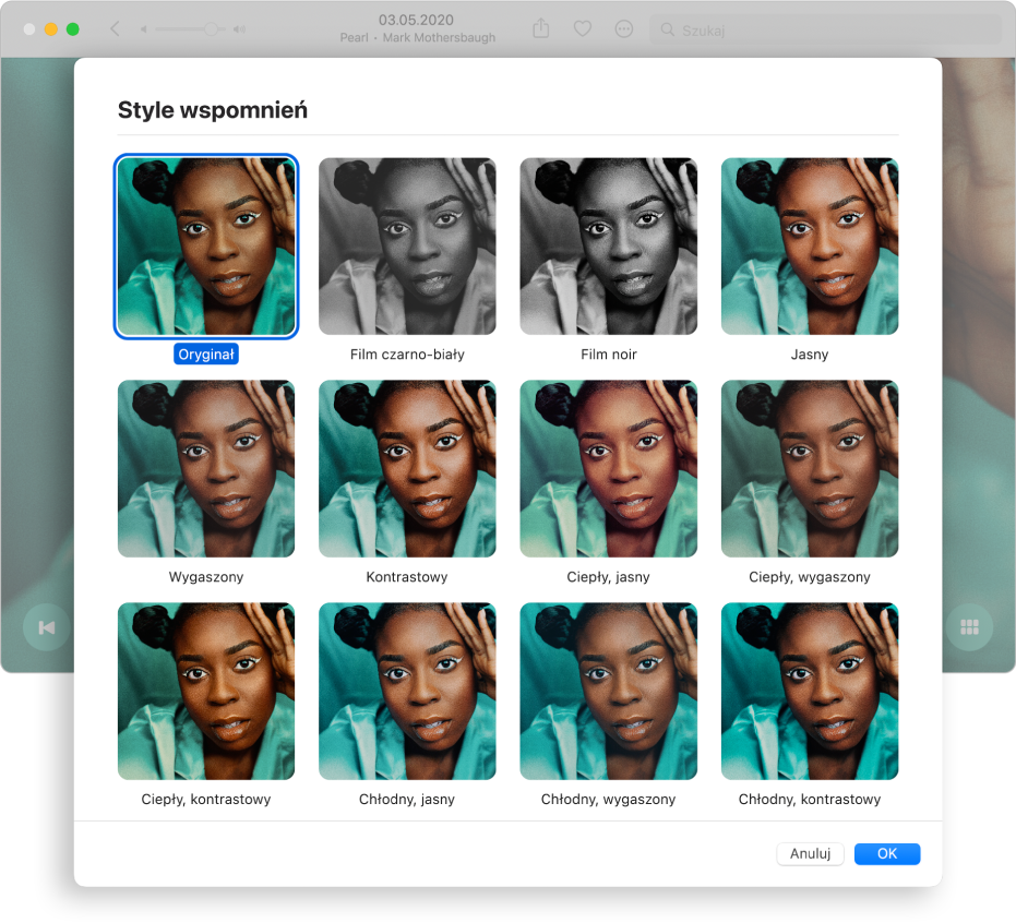 Okno aplikacji Zdjęcia pokazujące style, które możesz zastosować do rzeczy należących do wspomnienia.