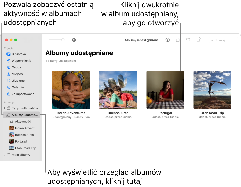 Okno aplikacji Zdjęcia z zaznaczoną etykietą Albumy udostępniane na pasku bocznym oraz wyświetlanymi po prawej albumami udostępnianymi.