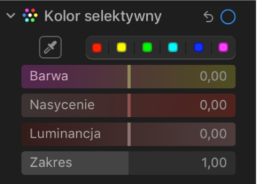 Narzędzia pod etykietą Kolor selektywny w panelu Korekta. Widoczne są suwaki Barwa, Nasycenie, Luminancja oraz Zakres.