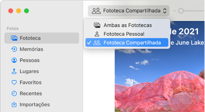 Menu local Fototeca na barra de ferramentas definido como “Fototeca Compartilhada”.