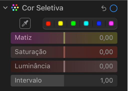 Os controles de Cor Seletiva no painel Ajustar, mostrando os controles deslizantes de Matiz, Saturação, Luminância e Intervalo.