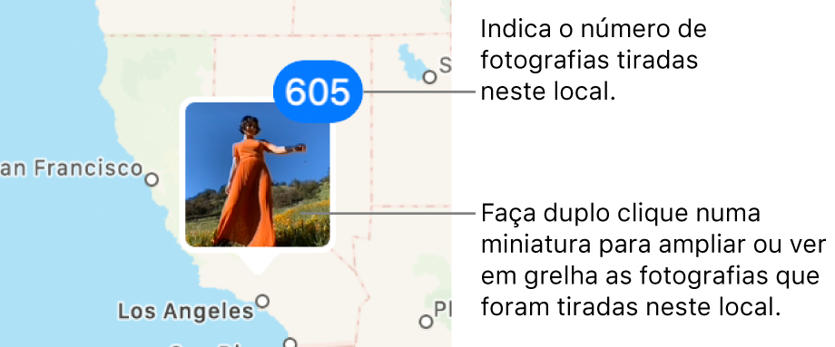 Uma miniatura de foto em um mapa, com um número no canto superior direito indicando o número de fotos tiradas no local.