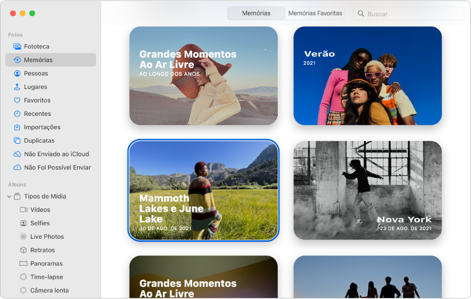A janela do app Fotos mostrando o recurso Memórias selecionado na barra lateral e memórias exibidas à direita.