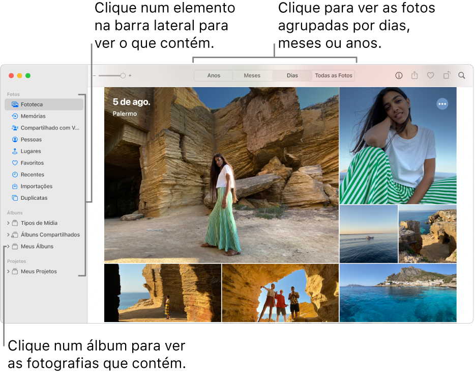 Janela principal do app Fotos mostrando a barra lateral à esquerda, as fotos organizadas por dia à direita, e os botões Anos, Meses, Dias e “Todas as Fotos” na barra de ferramentas na parte superior.