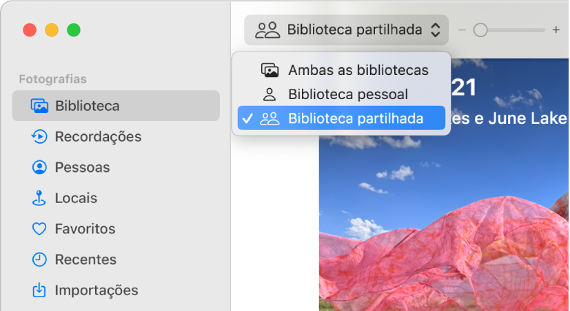 Na barra de ferramentas, o menu pop-up Fototeca é definido para Fototeca partilhada.