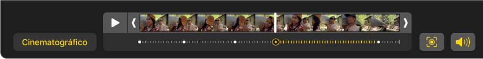 Um visualizador de fotogramas mostra os fotogramas de um vídeo no modo cinematográfico, com o botão “Cinematográfico” à esquerda e um botão “Áudio” à direita.