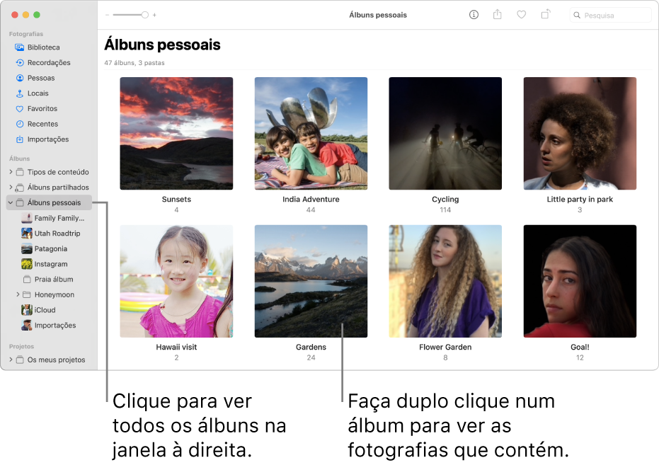 A janela da aplicação Fotografias com a pasta “Álbuns pessoais” selecionada na barra lateral e os álbuns na janela à direita.
