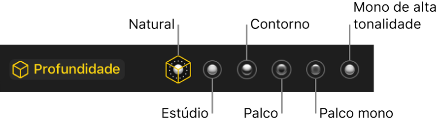 Opções dos efeitos de iluminação do modo vertical, incluindo (da esquerda para a direita): Natural, Estúdio, Contorno, Palco, Palco mono e Mono de alta tonalidade.