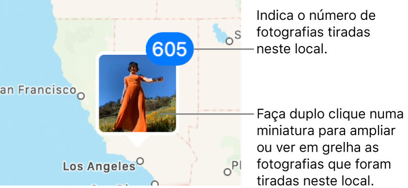 Uma miniatura de uma fotografia num mapa, com um número no canto superior direito a indicar o número de fotografias tiradas naquele local.