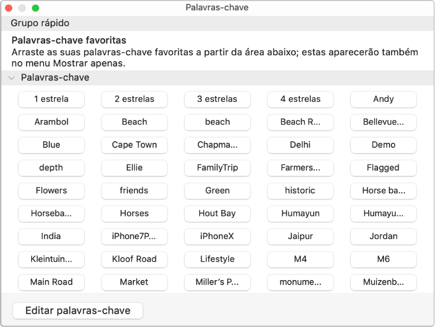 As palavras‑passe na janela do gestor de palavras-passe, com a área “Grupo rápido” na parte superior e um botão “Editar palavras-passe” no canto inferior esquerdo.