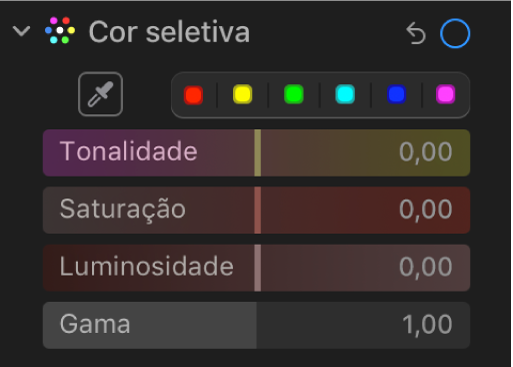 Os controlos de cor seletiva no painel Ajustar a mostrar os niveladores de tonalidade, saturação, luminosidade e gama.