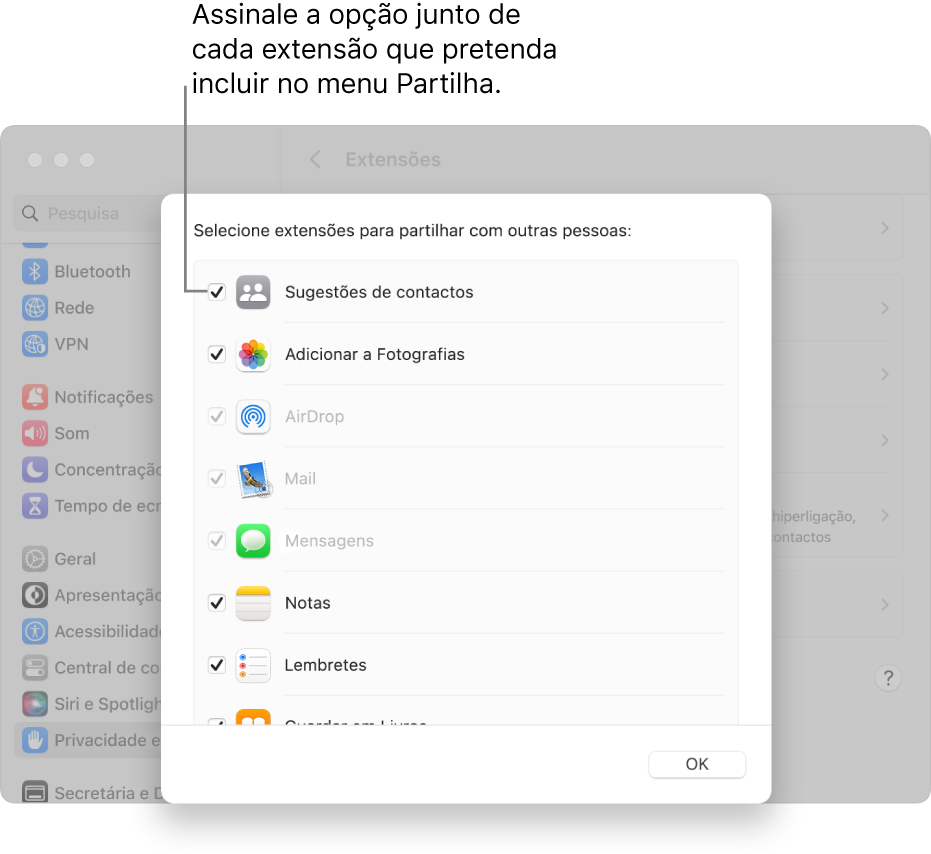Uma lista de extensões nas definições de Extensões, com uma opção ao lado de cada extensão para a adicionar ao menu Partilha.